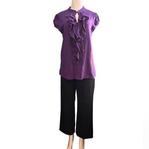 Style & Co. Front Ruffle Blouse Short Sleeve Deep Purple Fitted Long Top Size XL